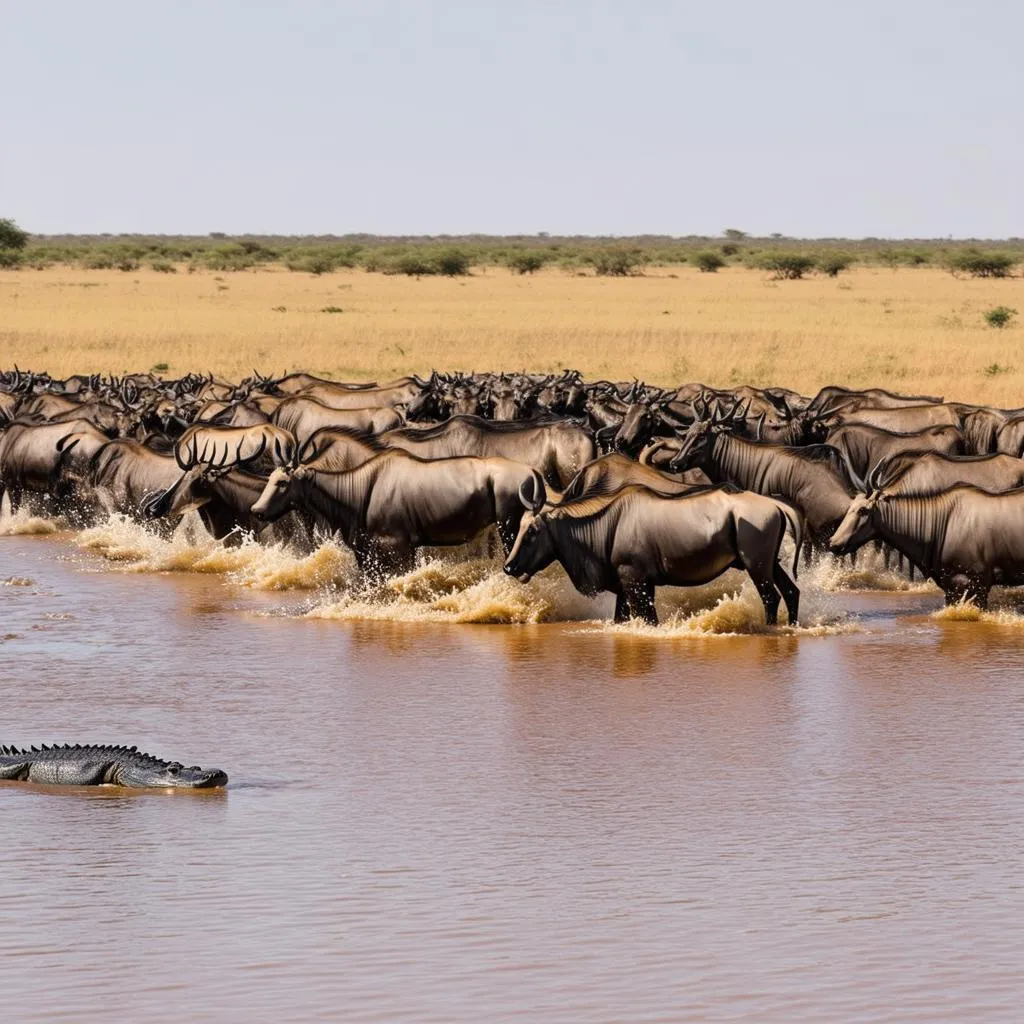 Wildebeest migration, river crossing, Serengeti